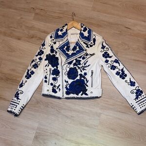 Alice + Olivia White and Blue Embroidered Leather Jacket
